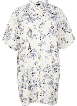 Lang skjorte med blomstermønster, White Flower/Gold, Packshot image number 0