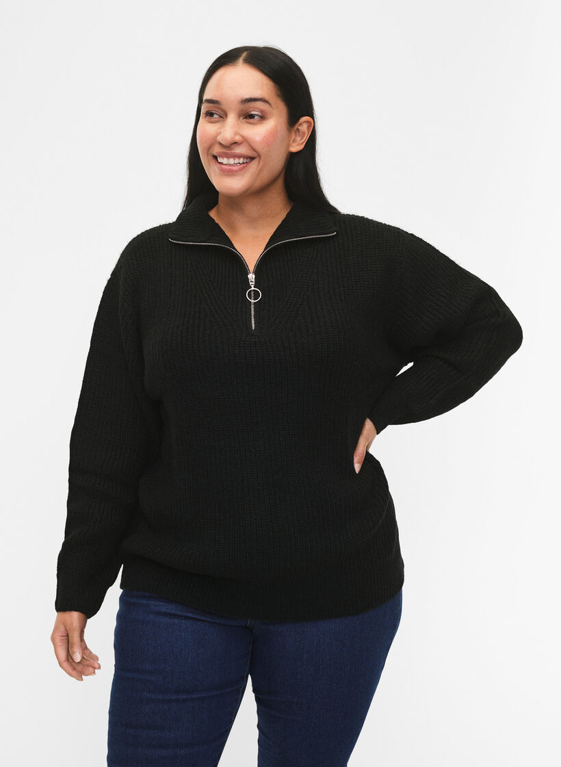 Strikket genser med h&oslash;y hals og glidel&aring;s, Svart, Model image number 0