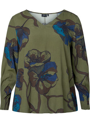 Bluse i viskose med lange ermer og blomstertrykk	, Green Big Flower, Packshot image number 0