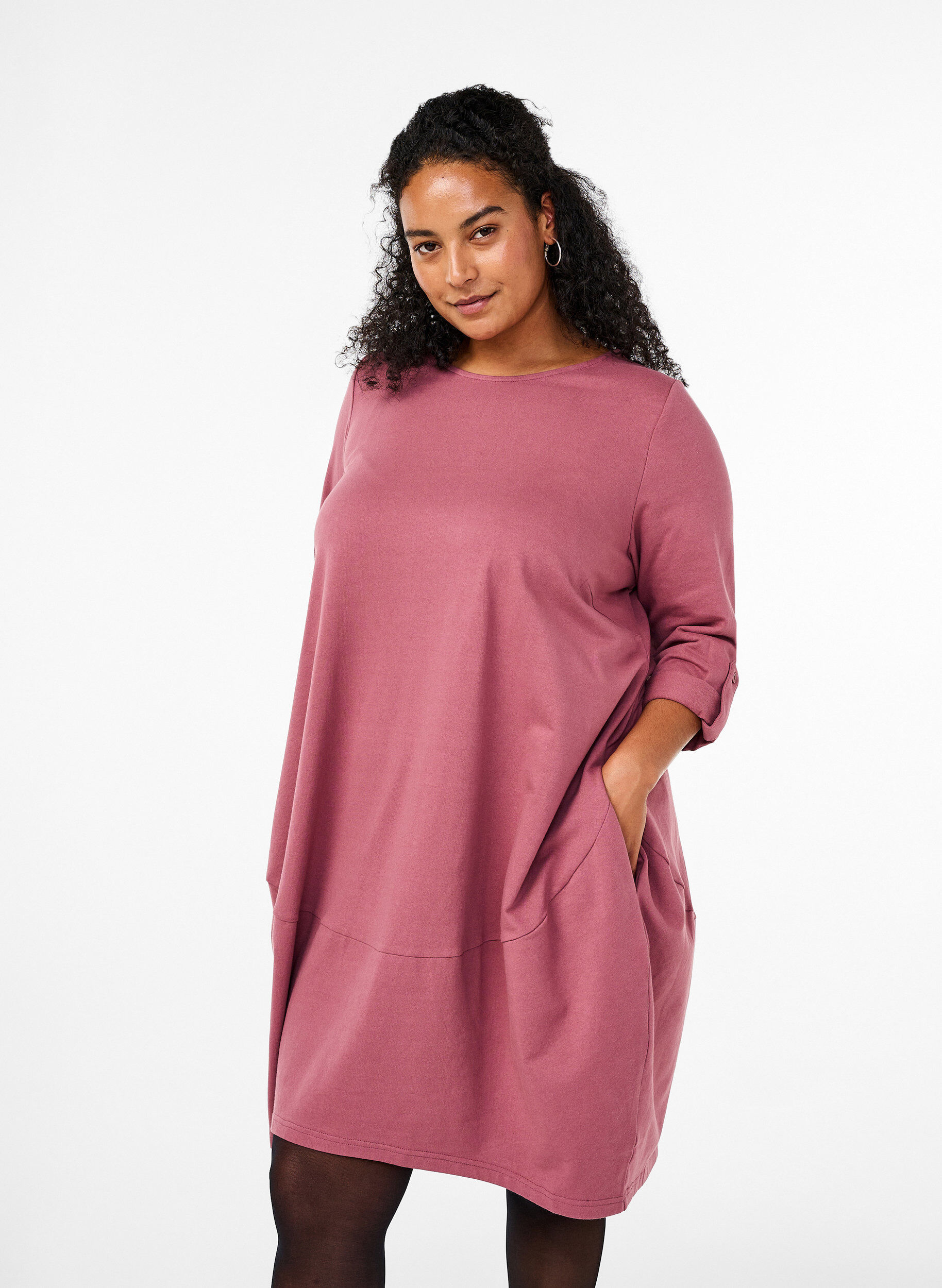 Zizzi Ballongkjole i bomull med lommer, Rosa, Model image number 0