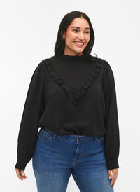 Bluse i viskose med volanger, Black, Model
