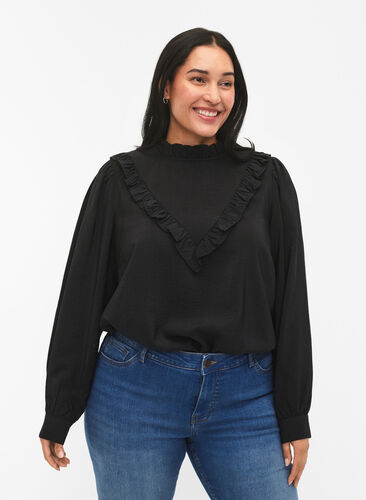 Bluse i viskose med volanger, Black, Model image number 0