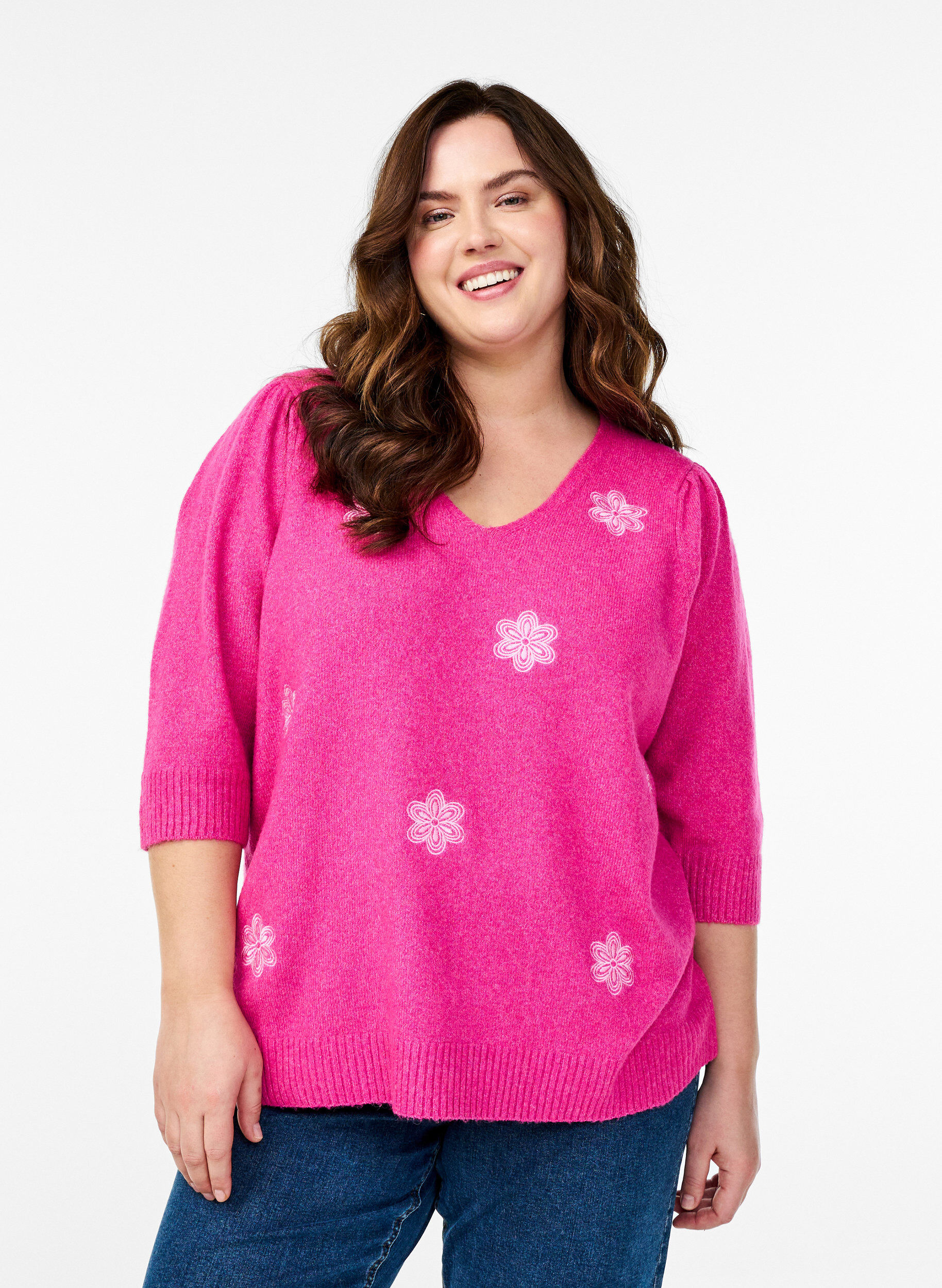 Zizzi Strikket bluse med broderte blomster, R. Rose Mel. Comb, Model image number 0