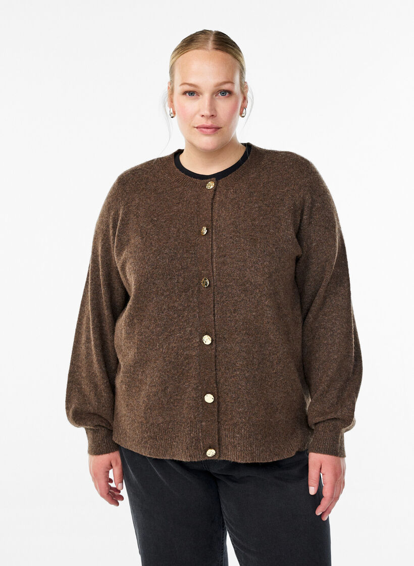 Cardigan i myk strikk med gullfargede knapper, Brun, Model image number 0