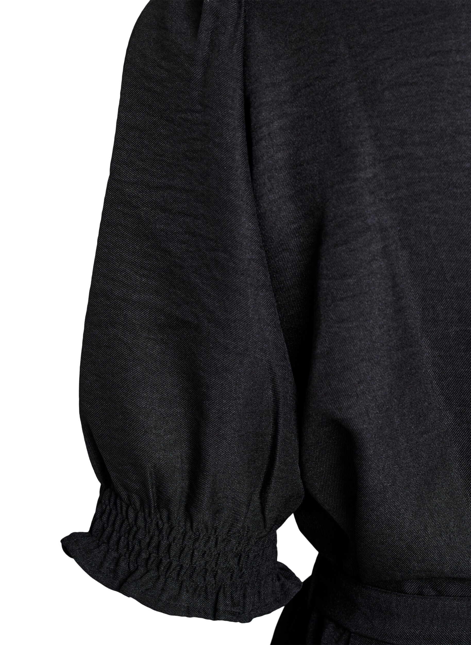 Zizzi Skjortekjole i knelengde med bindebelte, Svart, Packshot image number 3