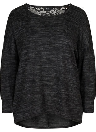 Langermet bluse med blonder, Dark Grey Melange, Packshot image number 0