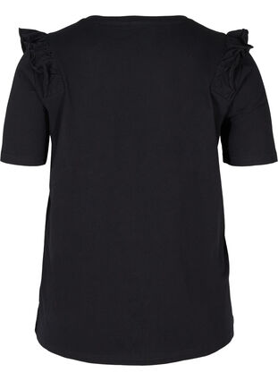 Kortermet T-skjorte i bomull med volanger, Black, Packshot image number 1