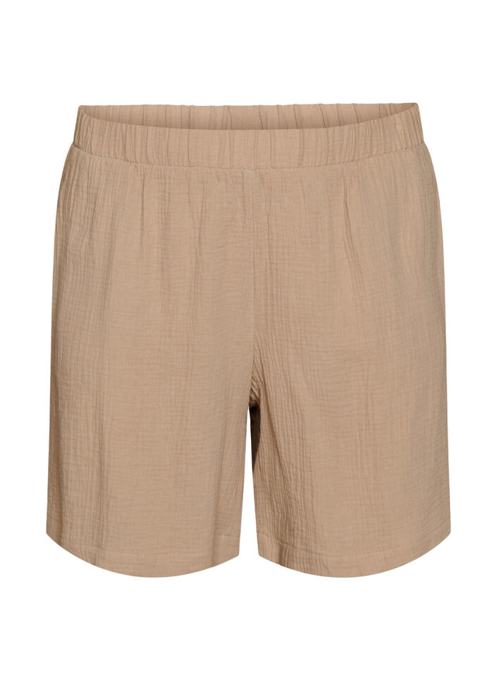 Shorts i bomullsmusselin med h&oslash;y midje, Beige, Packshot image number 0