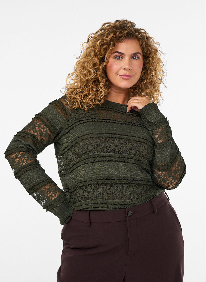 Bluse med blonder og lange ermer, Gr&oslash;nn, Model image number 0