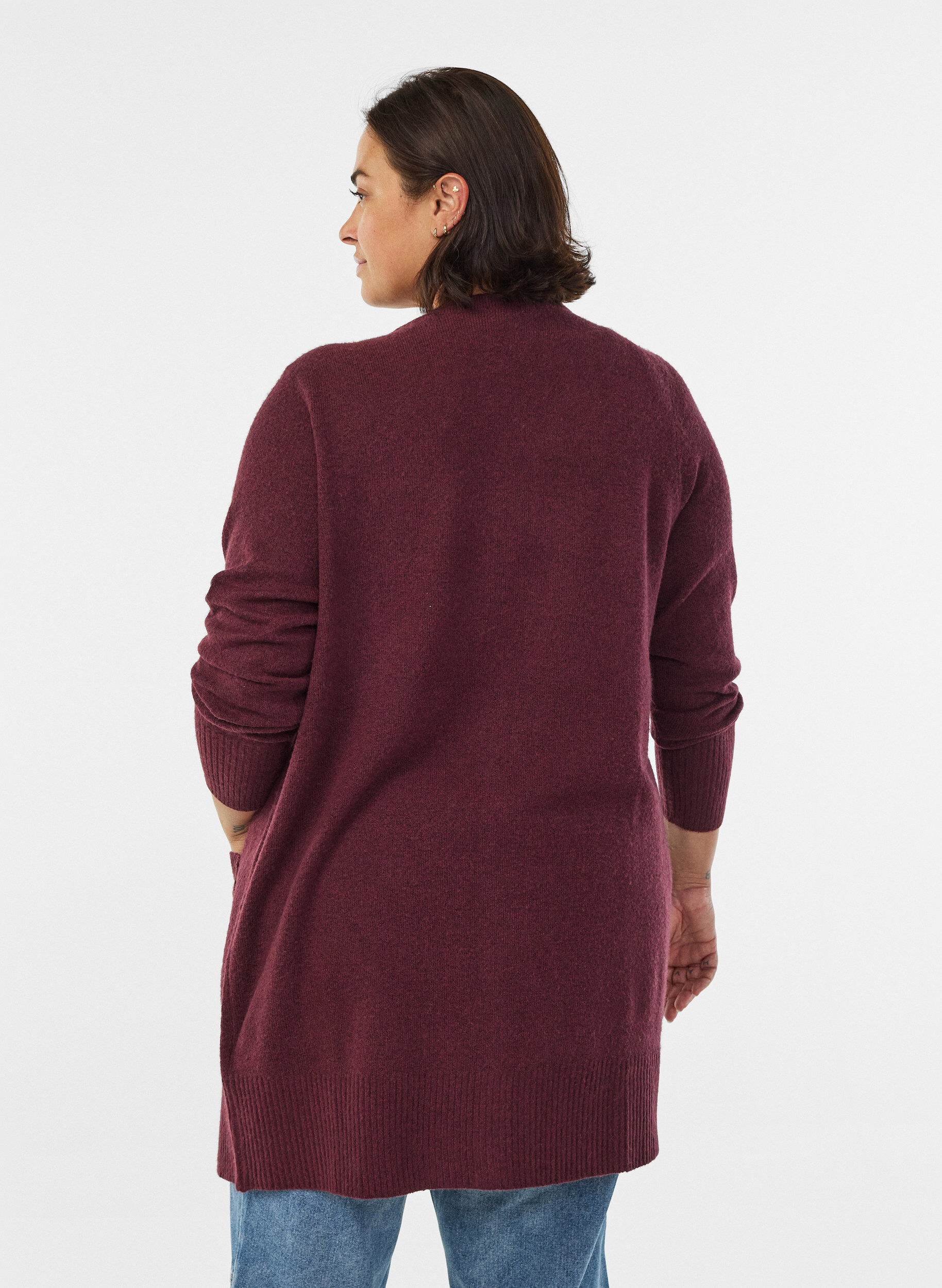 ZizziRibbestrikket cardigan med lommer, M&oslash;rk Bordeaux, Model image number 2
