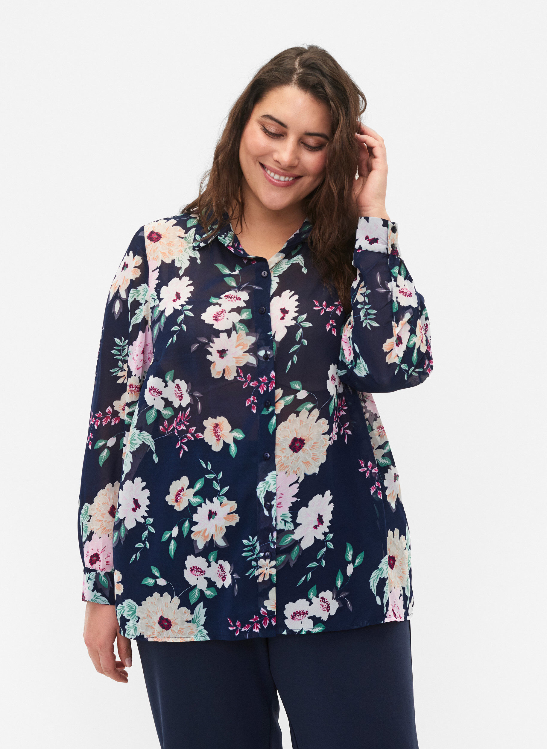 Zizzi FLASH - Langermet skjorte med blomsterm&oslash;nster, Navy Flower, Model image number 0