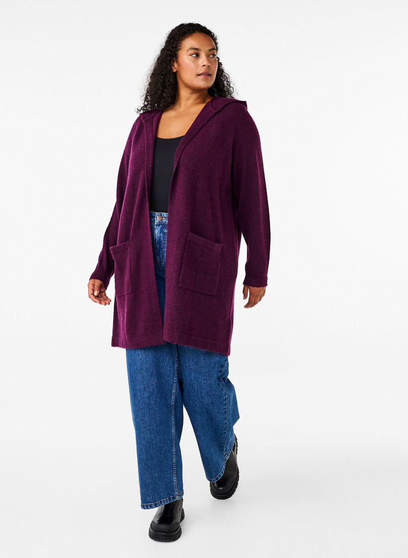 Lang strikket cardigan med ull og hette, Potent Purple Mel., Model image number 2