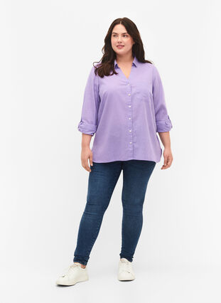 Skjortebluse med knappelukking i bomull-linblanding, Lavender, Model image number 2