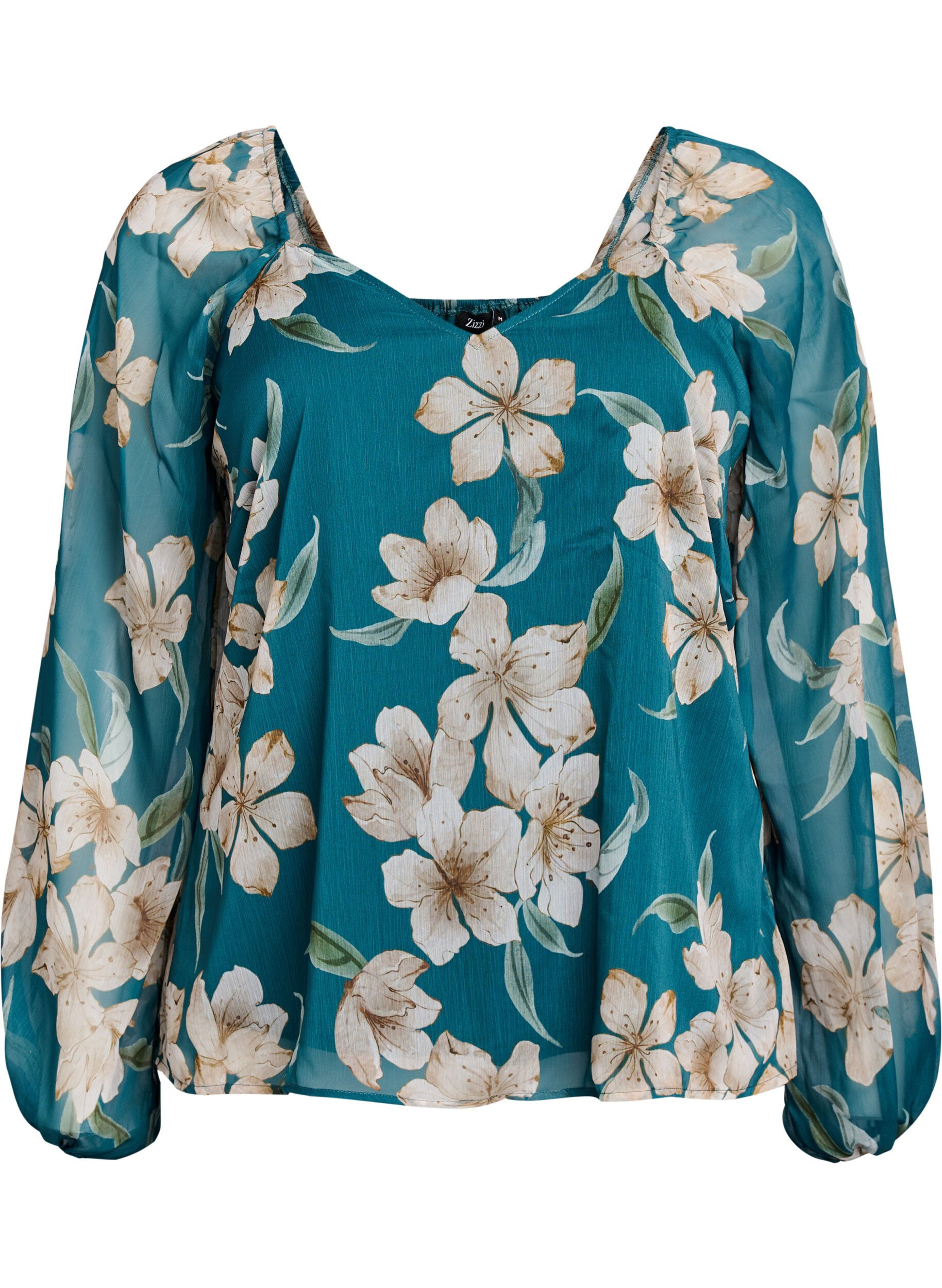 ZizziChiffonbluse med blomstertrykk og lange ermer, Gr&oslash;nn, Packshot image number 0