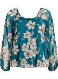 Chiffonbluse med blomstertrykk og lange ermer, Gr&oslash;nn