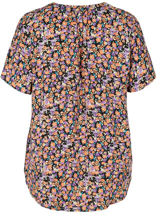 Bluse med korte ermer og V-hals, Black Flower AOP, Packshot image number 1