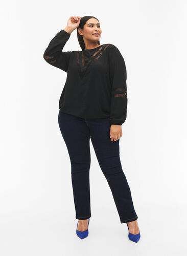 Bluse med lange ermer og blonder, Black, Model image number 2