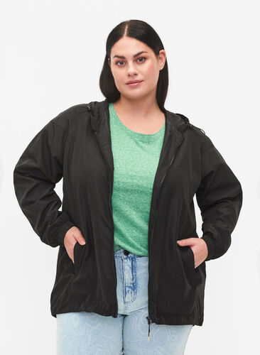 Kort jakke med hette og justerbar bunn, Black, Model image number 0