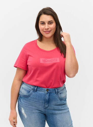 Kortermet T-skjorte i bomull med trykk, Raspberry TEXT, Model image number 0