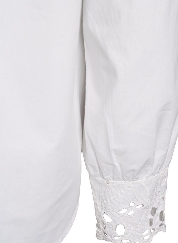 Bluse med V-hals og broderie anglaise-detaljer, Hvit, Packshot image number 4