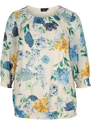 Blomstrete bluse med 3/4-ermer og smock, AOP Flower, Packshot image number 0