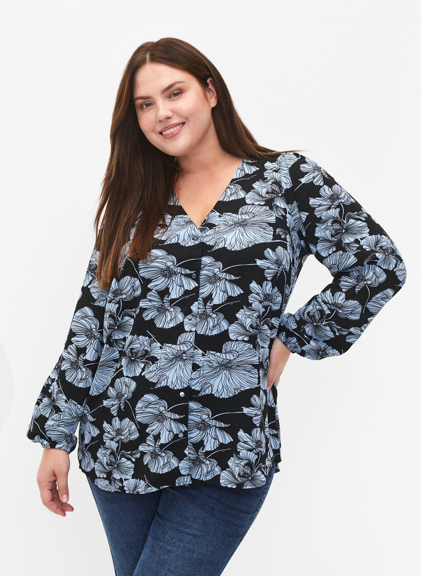Skjortebluse med v-hals og trykk, Black B. Flower AOP, Model image number 0