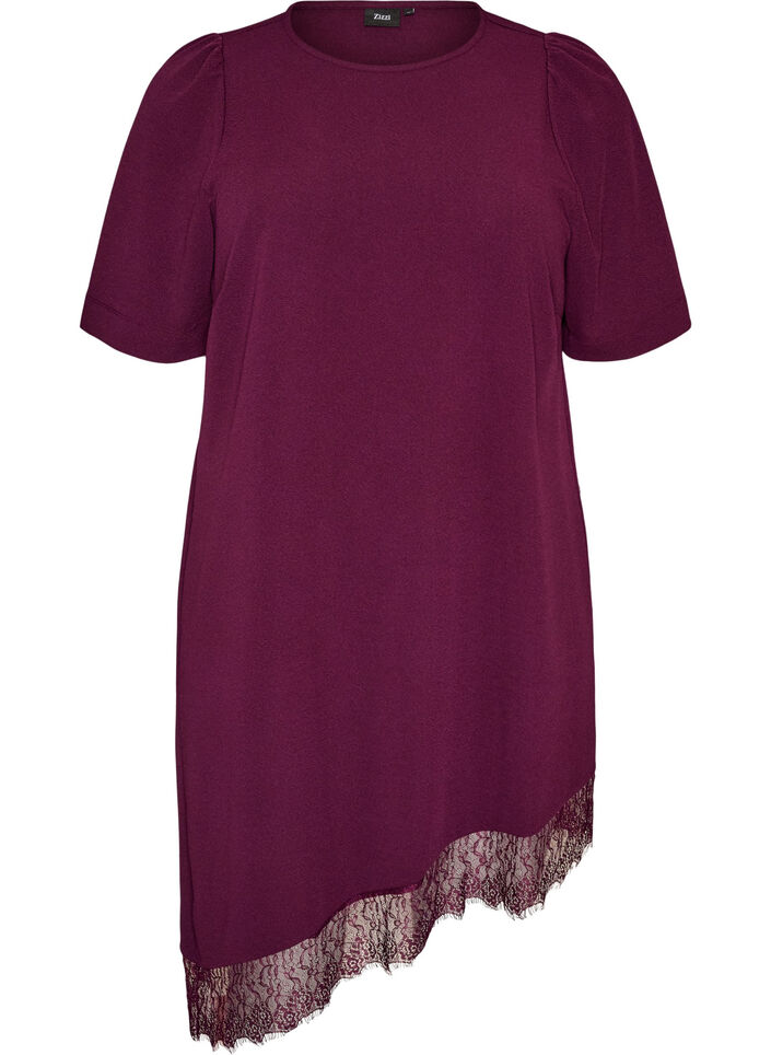 Tunika med asymmetrisk blondedetalj, Lilla, Packshot image number 0