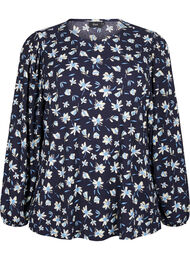 Bluse med lange ermer og blomstertrykk, Night Sky AOP