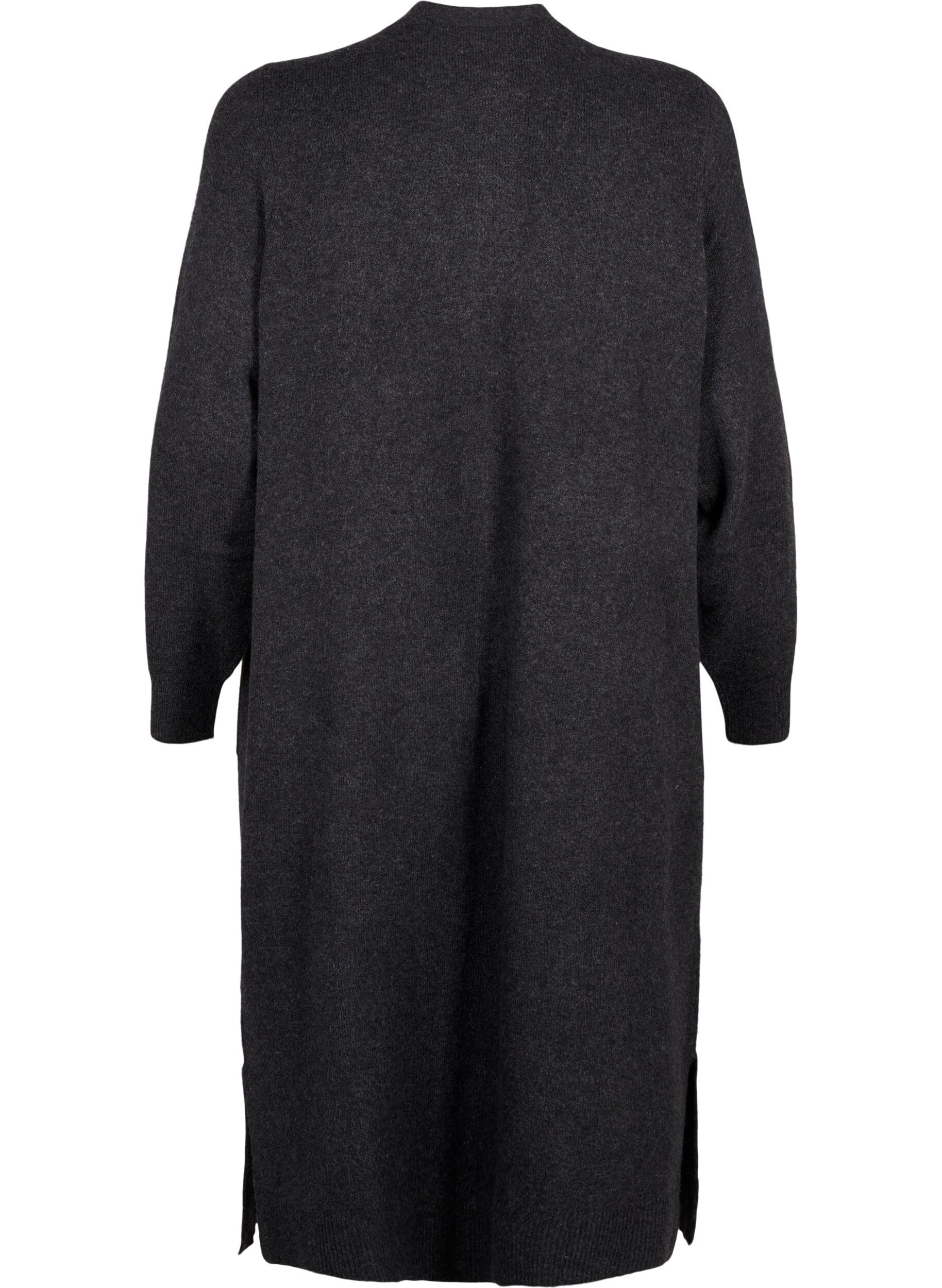 Zizzi Lang strikket cardigan med lommer, Dark Grey Melange, Packshot image number 1