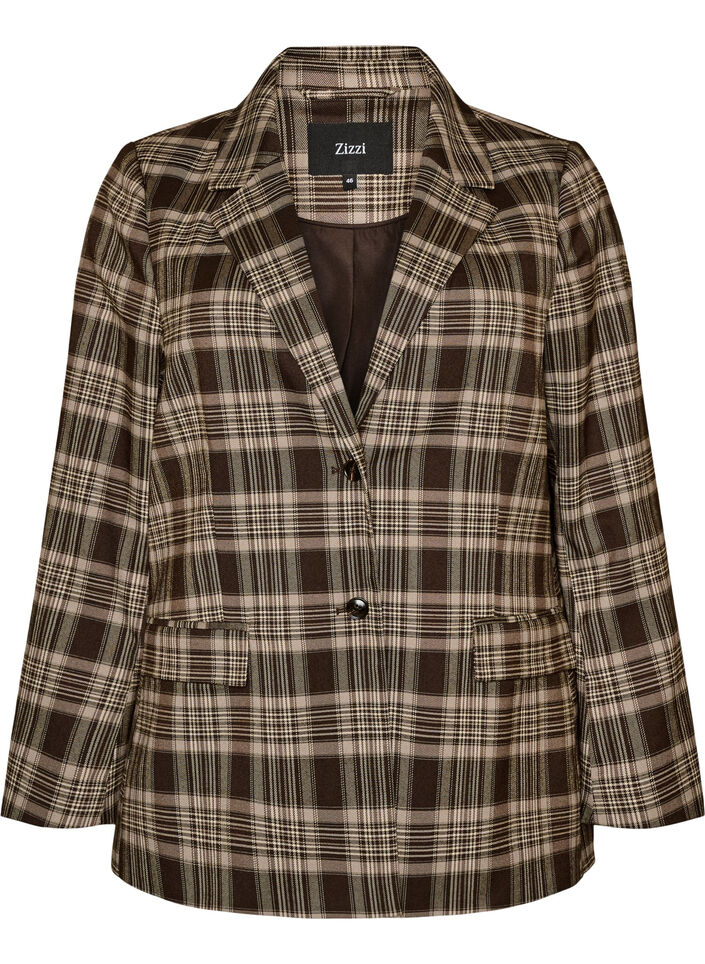 Rutete blazer med lommer og splitt bak, Brun, Packshot image number 0