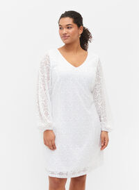 Blondekjole med V-hals og lange ermer, Bright White, Model
