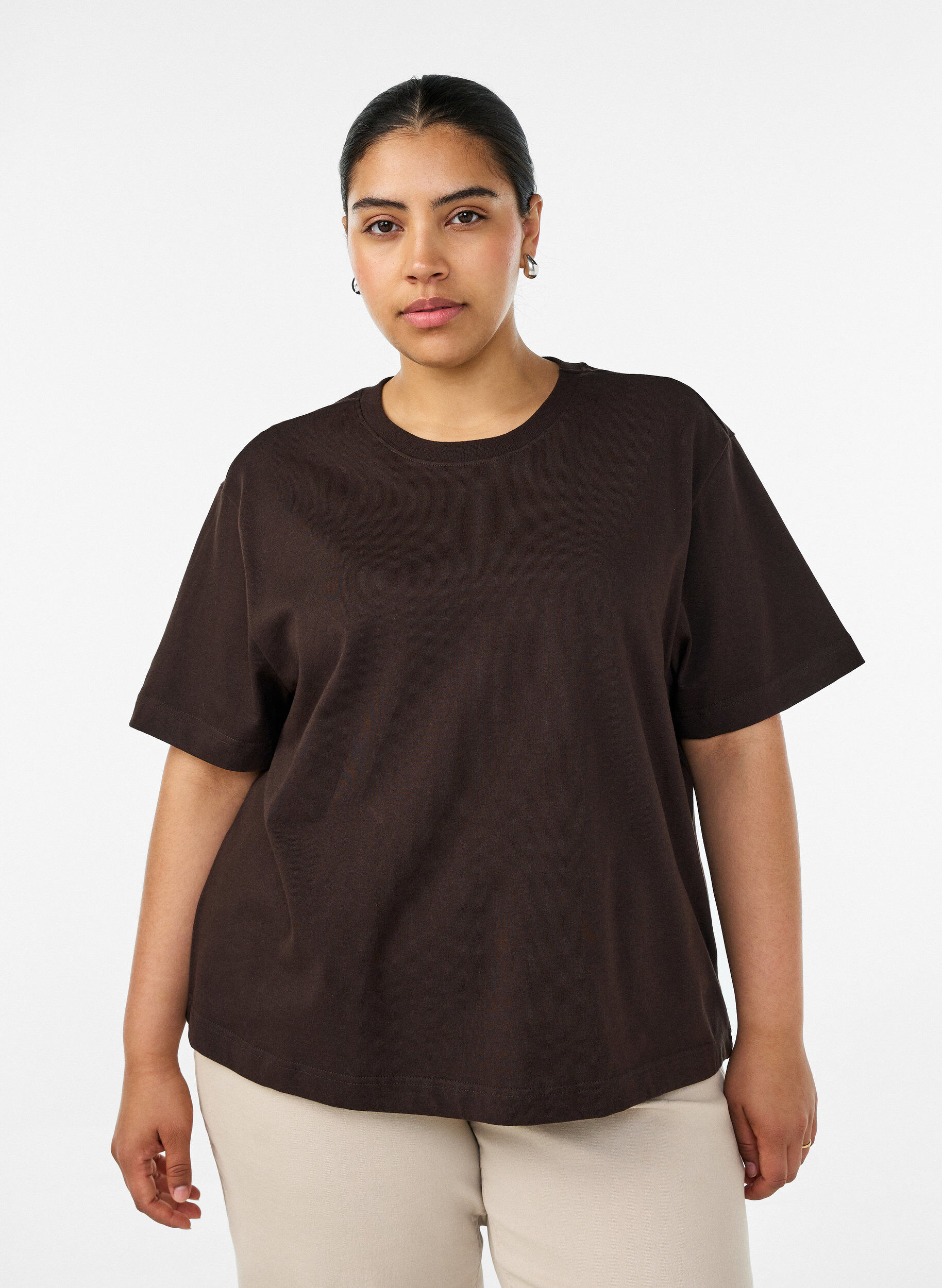 Boxy bomulls T-skjorte, Brun, Model