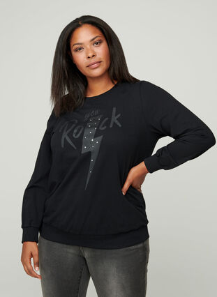 Sweatshirt i bomull med trykk på brystet, Black w. Black, Model image number 0