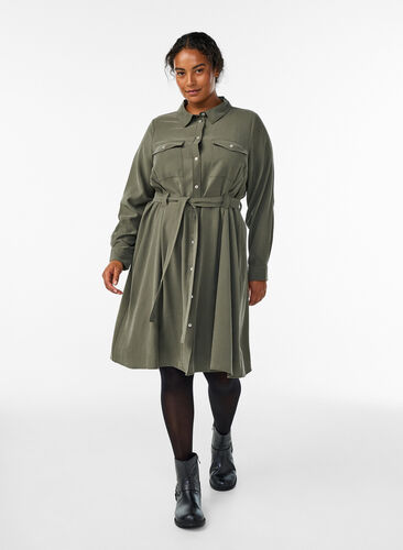 Zizzi Skjortekjole med knytebelte og lange ermer, Grønn, Model image number 1