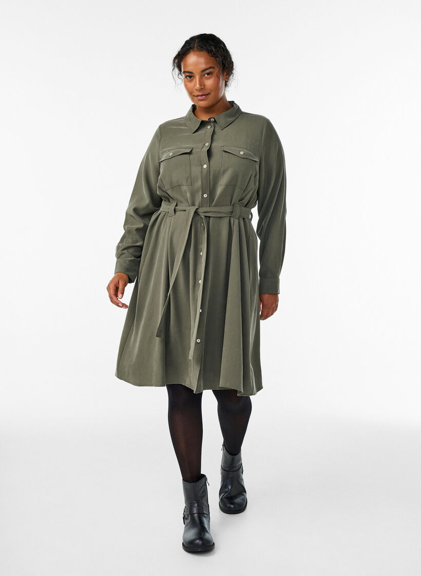 Skjortekjole med knytebelte og lange ermer, Grønn, Model image number 1