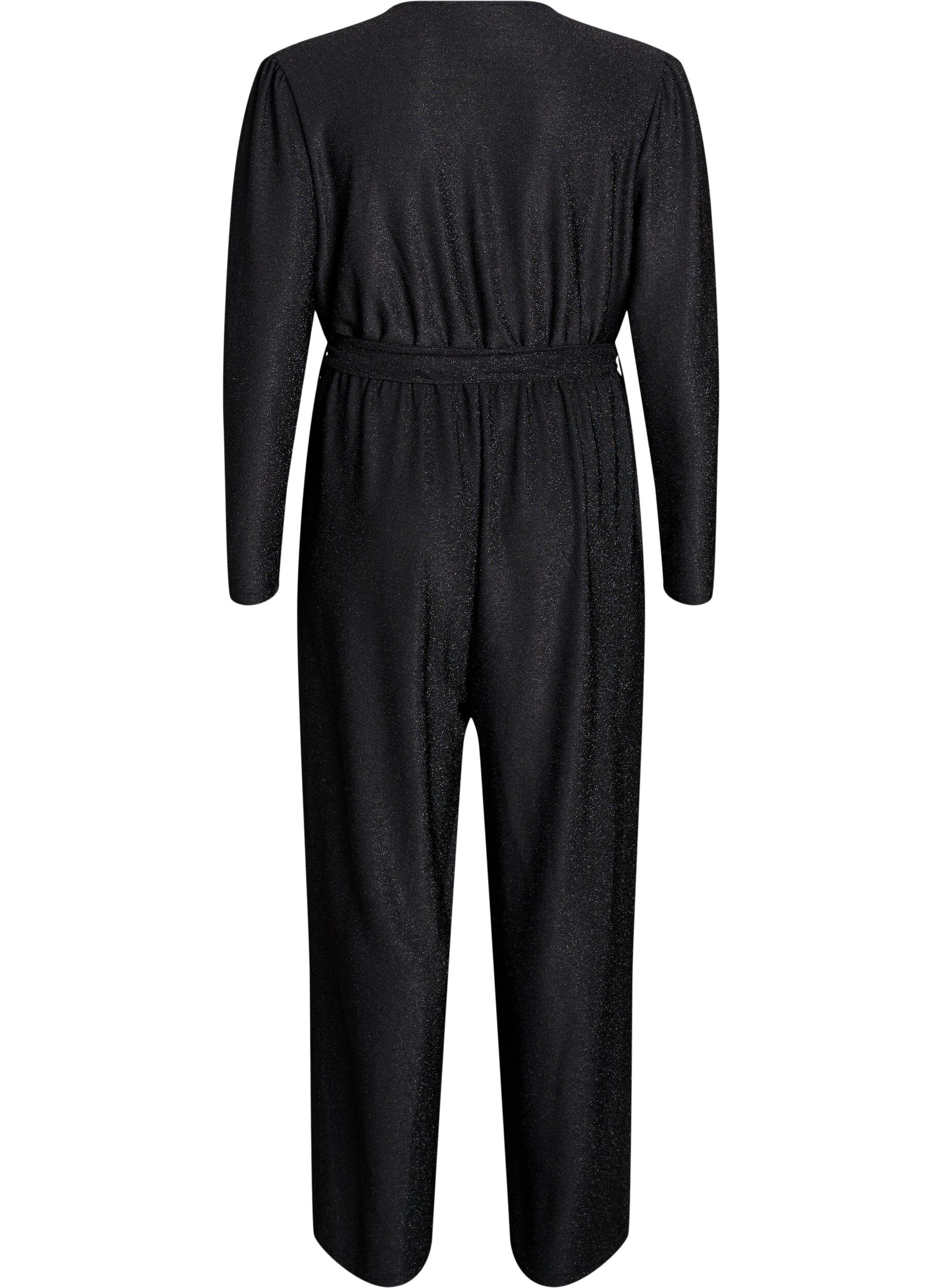Zizzi Jumpsuit med glitter og knytebelte, Svart, Packshot image number 1