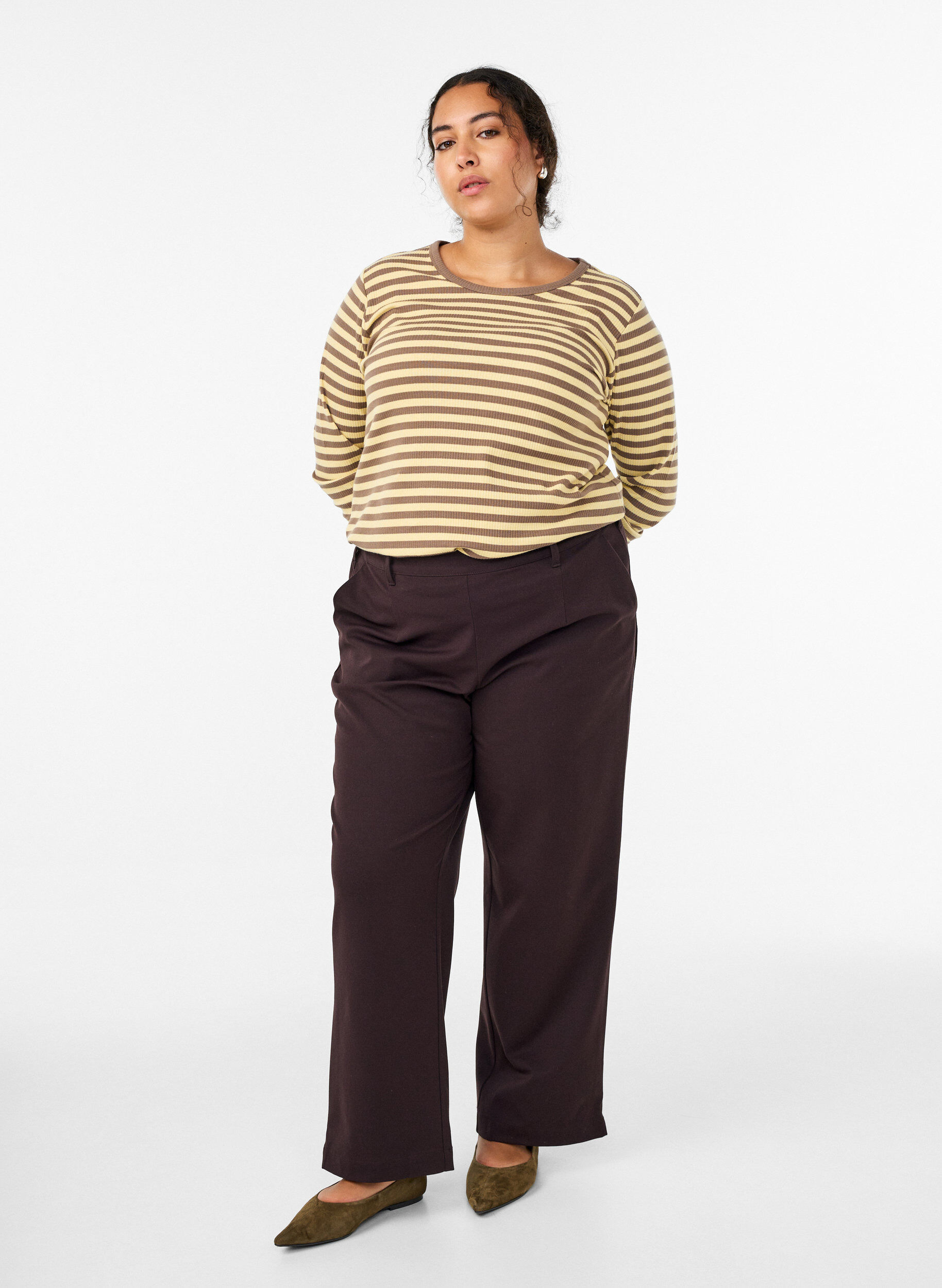 ZizziStripete bluse med lange ermer, Brun, Model image number 1