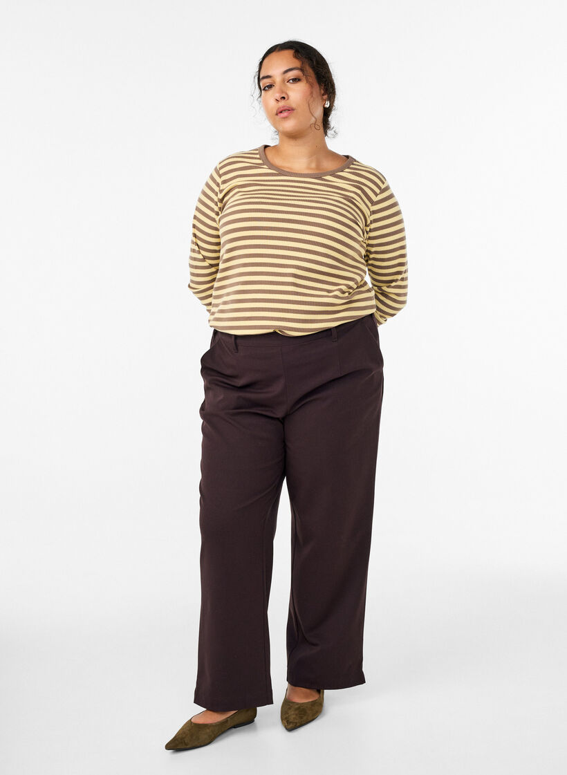 Stripete bluse med lange ermer, Brun, Model