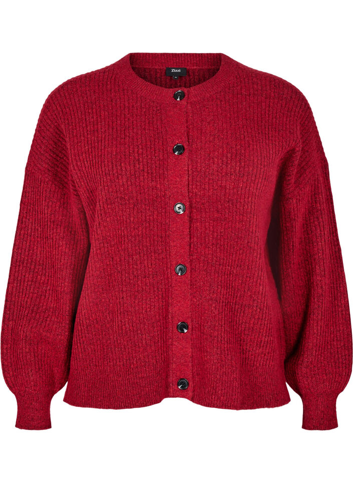 Ribbestrikket cardigan med knapper, R&oslash;d, Packshot image number 0