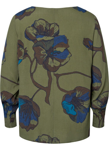 Bluse i viskose med lange ermer og blomstertrykk	, Green Big Flower, Packshot image number 1