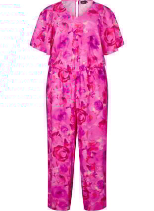 Zizzi Blomstret jumpsuit med flaggermusermer, Pink Rose AOP, Packshot image number 0