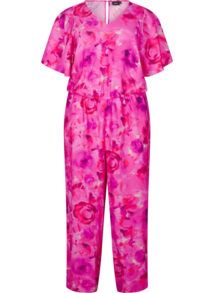Blomstret jumpsuit med flaggermusermer, Pink Rose AOP, Packshot image number 0