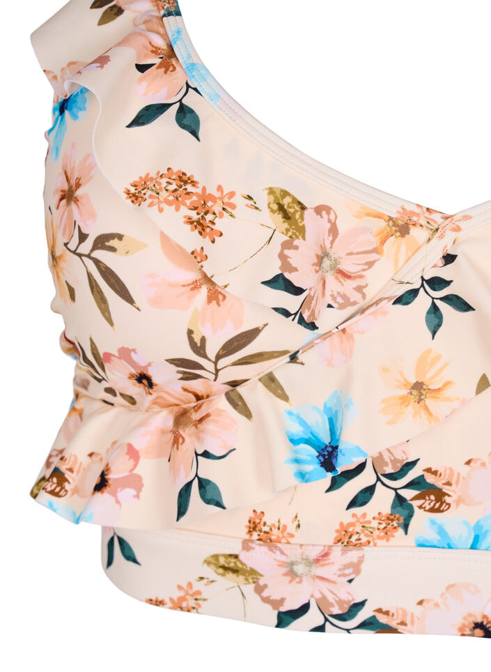 Blomstrete bikinioverdel med volangdetaljer, Beige, Packshot image number 2
