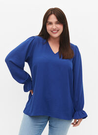 V-hals bluse med lange ermer, Mazarine Blue, Model