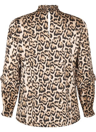 Zizzi Smocket bluse med leopardmønster, Brun, Packshot image number 1