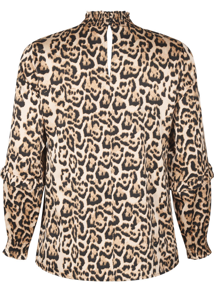 Smocket bluse med leopardmønster, Brun, Packshot image number 1