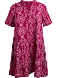 Kort A-linjekjole i bomullsmuslin, Red Ethnic AOP