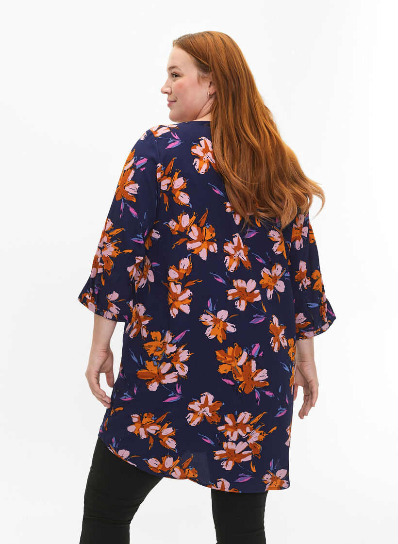 Blomstret tunika med 3/4 ermer, Peacoat Flower AOP, Model image number 1
