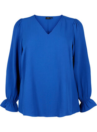 Bluse med V-hals og lange ermer, Mazarine Blue, Packshot image number 0
