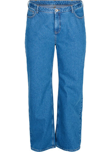 Straight jeans med høyt liv, Blue denim, Packshot image number 0